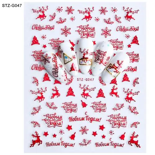 10Pcs/Set Christmas Theme 3D Glitter Snowflower Santa Nail Sticker New Year Slider Tattoo Adhesive Decal Manicure Decor - Color: STZ G047 Red