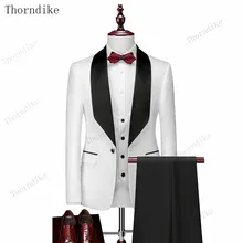 Thorndike Mens Wedding Suits  White Jacquard With Black Satin Collar Tuxedo3 Pcs Groom Terno Suits For Men（Jacket+Vest+Pants）