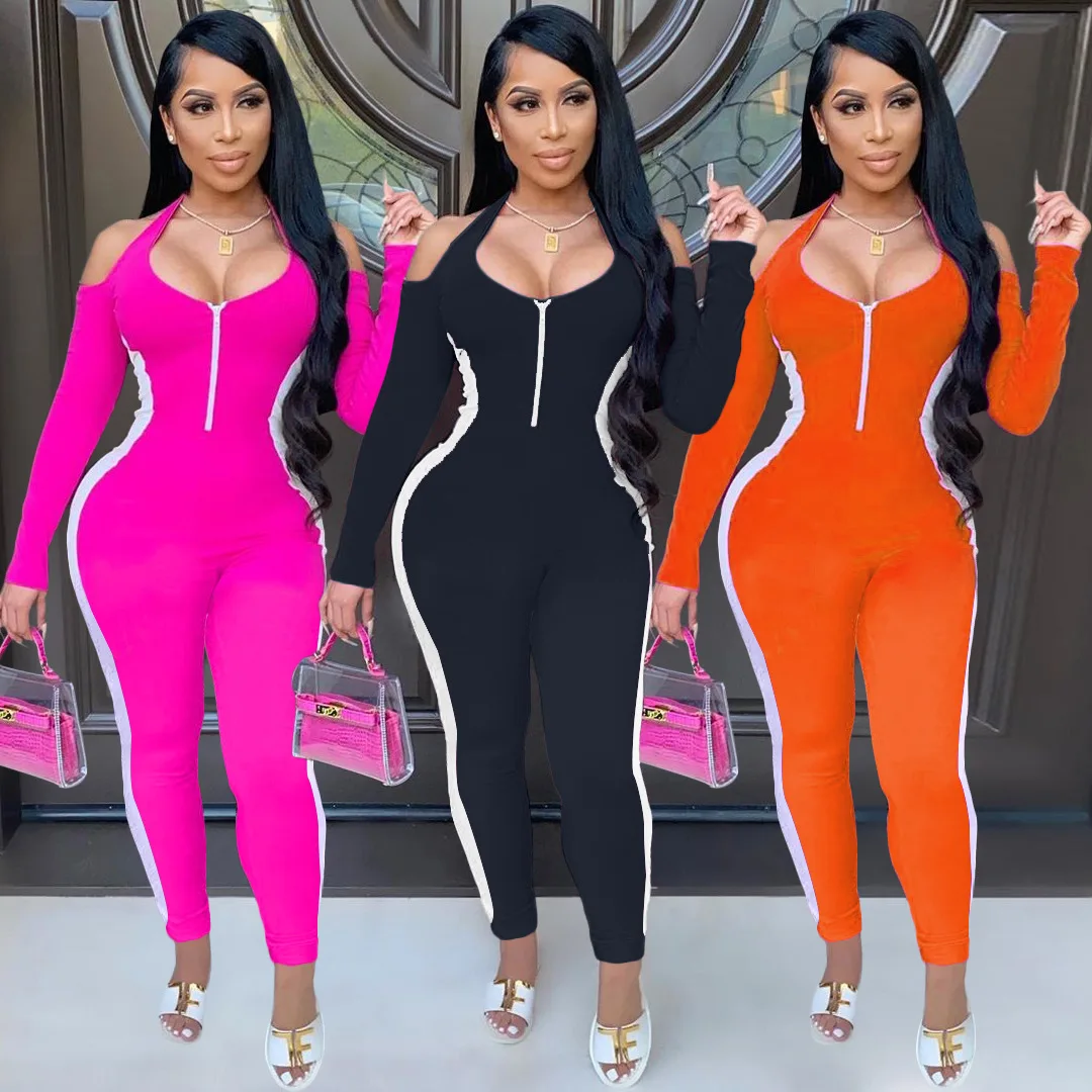 

Color Block Sexy Jumpsuit Fall Women Long Sleeve Halter Strapless Backless Bodycon Jumpsuits Streetwear Party One Piece Romper