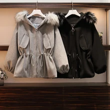 Женская зимняя куртка большого размера плюс 5XL, шерстяное черное пальто на молнии, шерстяное пальто, большое теплое манто Femme Hiver