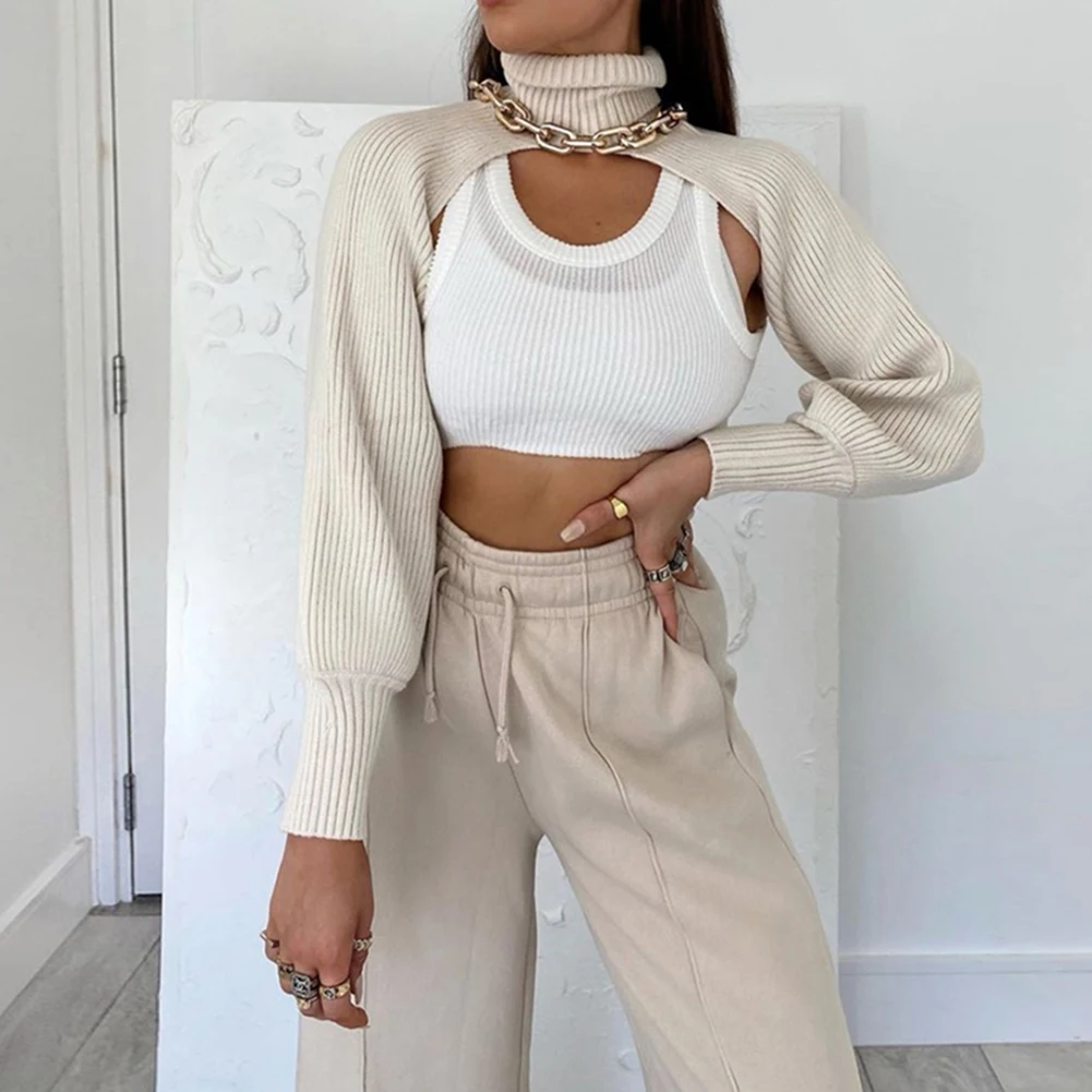 hunter-wish 2020 Fashion Basic Super Short Knitted Tops Sweater For Women Autumn Turtleneck Long Sleeve Solid Goddess Tops