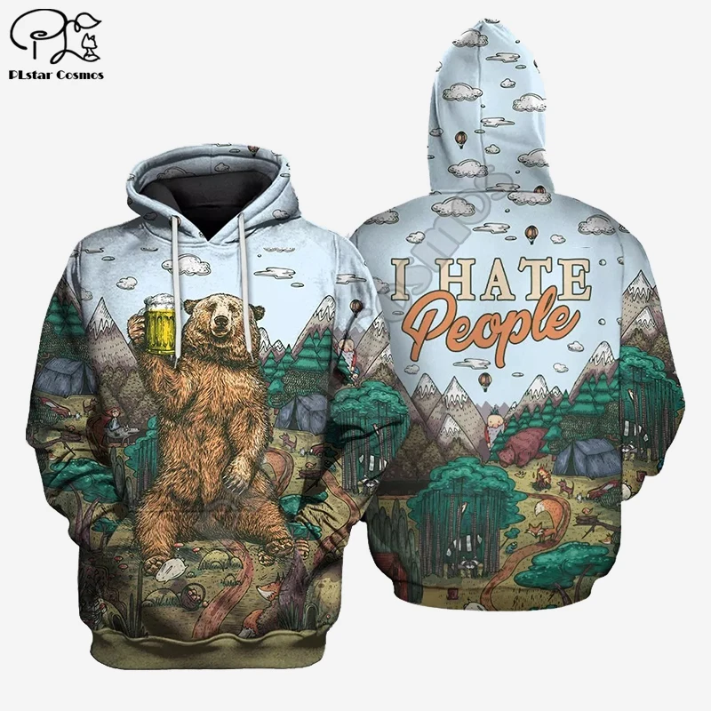 

Men harajuku hunting bear I hate people print 3d hoodie Unisex beer Sweatshirt zipper women Pullover streetwear jacket tracksuit