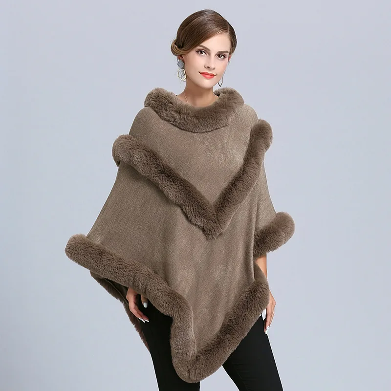 SC385 зимний женский искусственный Лисий мех размера плюс треугольный шаль-свитер вязаный пончо с круглым вырезом меховой полосатый плащ свободные пуловеры