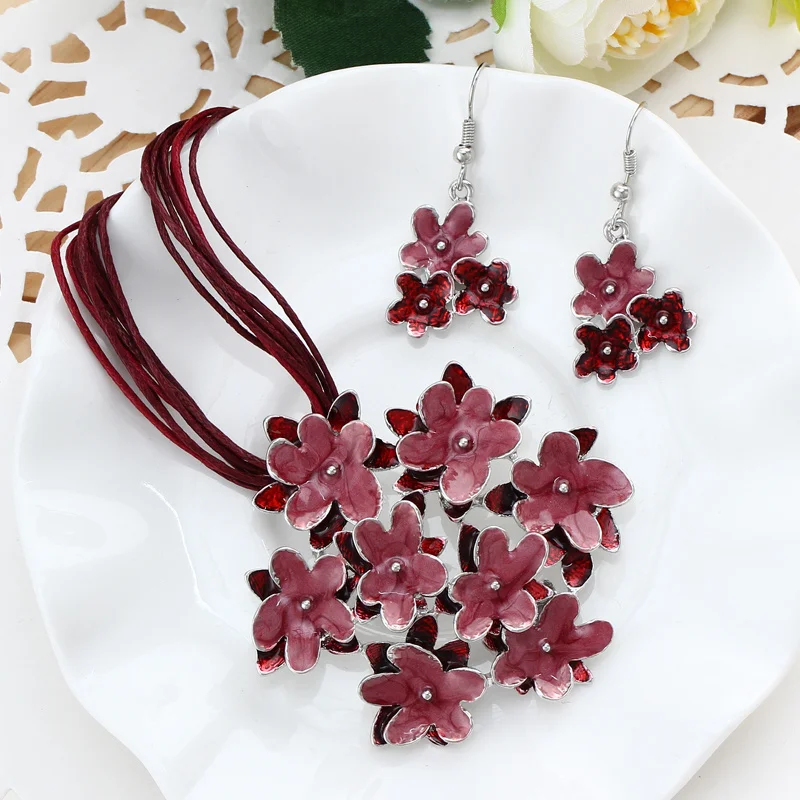 Classic Jewelry Sets for Women Rose Flower Stainless Steel Silver Plated Drop Earrings Traingle Geometric Necklace Pendant