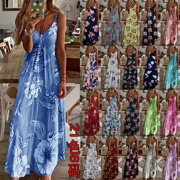 

2020 New Summer Dress Beach Strap V Neck Loose Women's Dress Bohemian Casual Slim Thin Long Dress Casual Flower Print Vestidos