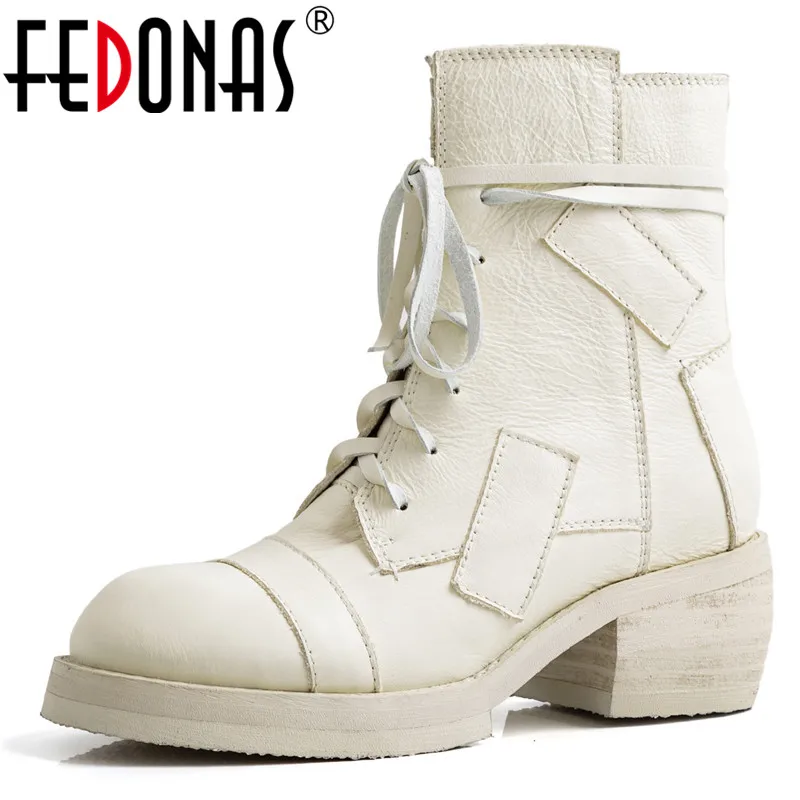 

FEDONAS Quality Genuine Leather Women Cross Tied Ankle Boots Brand Female Motorcycle Boots Square Heels Night Club Shoes Woman