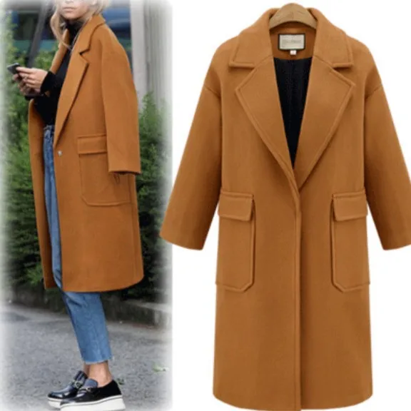 

Women Winter Coats 2019 Autumn and Winter New Large Size Women's Solid Color Lapel Windbreaker Loose Long Wool Coat Female