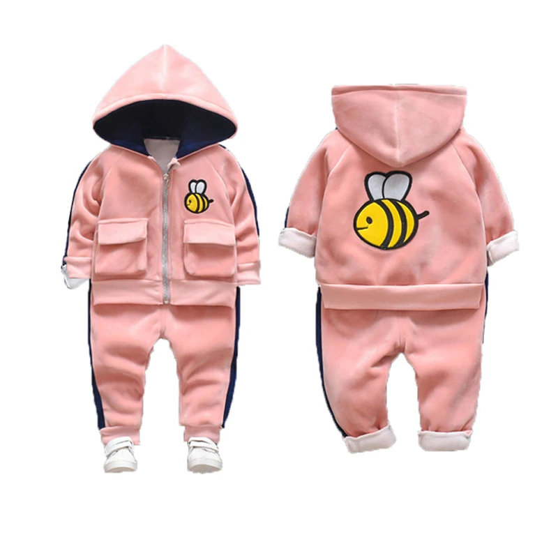 Зимние комплекты одежды для маленьких девочек; теплые пальто с капюшоном и штаны для маленьких мальчиков; костюм из плотного бархата; Спортивный костюм; комплект детской одежды