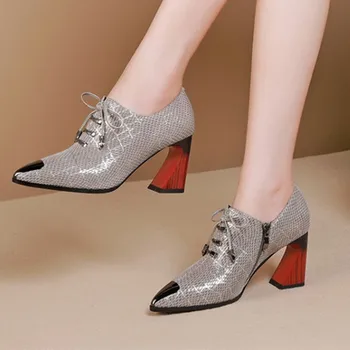 

2020 Spring Autumn New Fashion Elegant Pointed Toe Strange Heeled Women Pumps Print SheepSkin Office Lady Shoes Woman