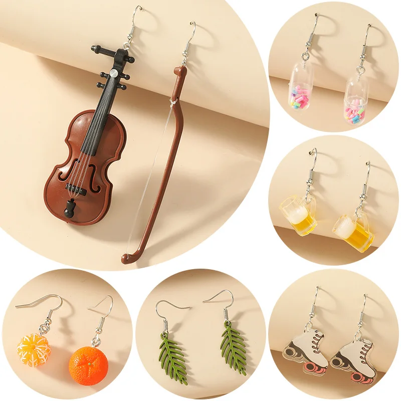 Pendant Drop Earrings Women Girls Creative Fun Cute Acrylic Leaf Fruit Violin Pendant Earrings Jewelry Gift dangle earrings drop earrings pendant earrings acrylic earrings fruit design earrings