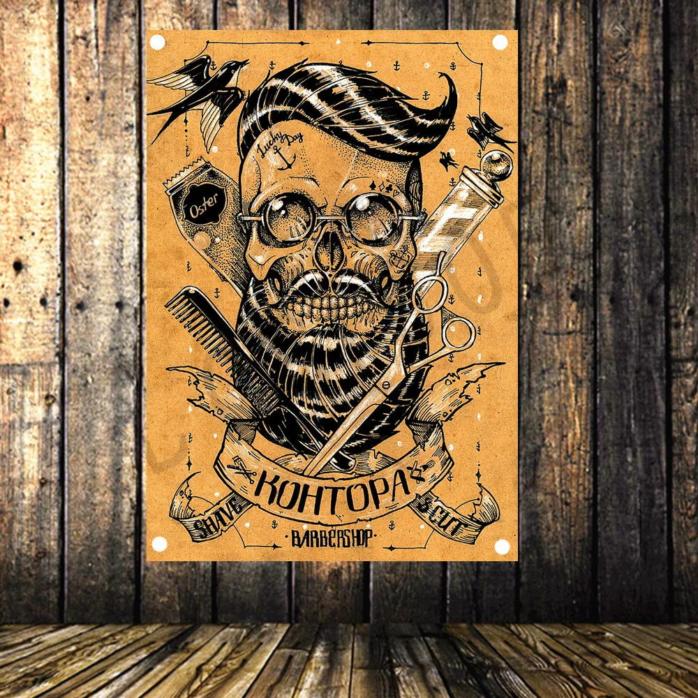 Retro tattoo haircut poster Banner Flag Music Poster Wall Hanging Tapestry Stickers HD Canvas Print Art Barber Shop Home Decor | Дом и сад