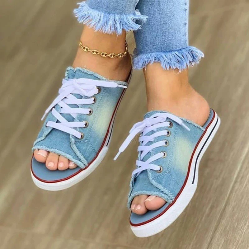 Zapatillas de mezclilla mujer, Sandalias planas, zapatos de verano, Jeans, grande 41 42 43, moda de otoño 2021|Zapatillas| - AliExpress