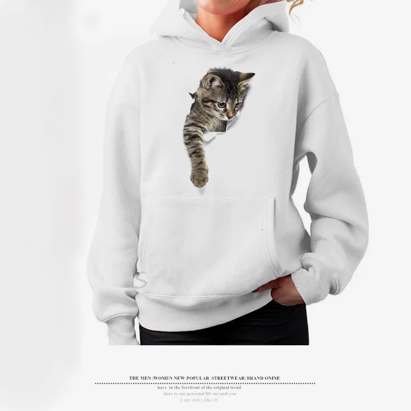 Women Girl Cartoon 3D Lovely Cat Print Sweatshirt With Pocket Long Sleeve Casual Harajuku Hoodies Steetwear Sudadera Mujer Ey - Цвет: 2