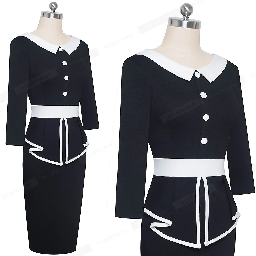 Alyowangyina Vestidos, деловое, официальное, зимнее, облегающее, женское платье, элегантное, контрастный цвет, пэчворк, офисное, с пуговицами, RuffleB558