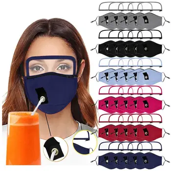 

5PCS Washable Adult Drinking Mask Hole for Straw and Zipper Detachable Eyes Shield Protective respirator Mouth mask Masker#0824