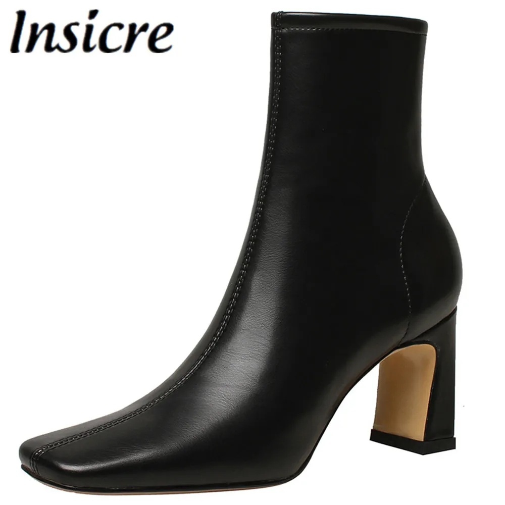 

Insicre High Quality Cozy Soft Stretch PU Leather Ankle Boots Women Elegant Square Toe Thick High Heels Fashion Zip Ladies Party