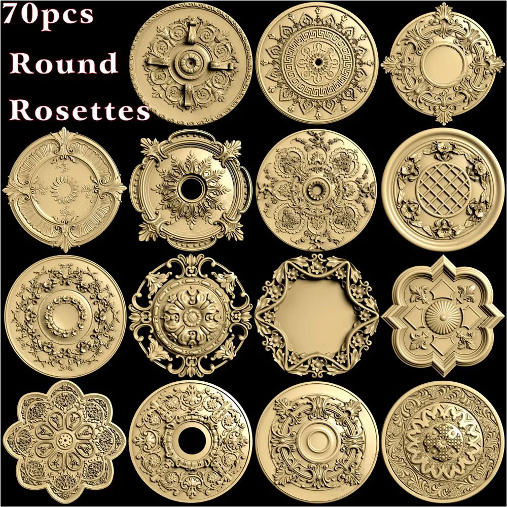 

70pcs round rosettes 3d model STL relief for cnc Router 3 axis Engraver ArtCam Aspire_ Round flower decoration
