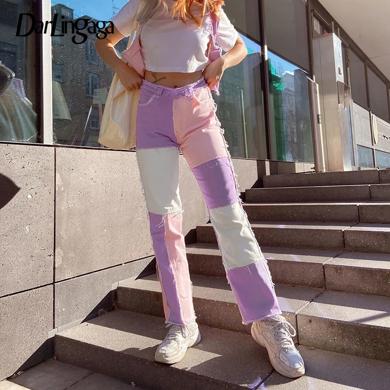 Pink Jeans Bottoms Pants Women Fashion Darlingaga Streetwear High-Waist Straight Patchwork