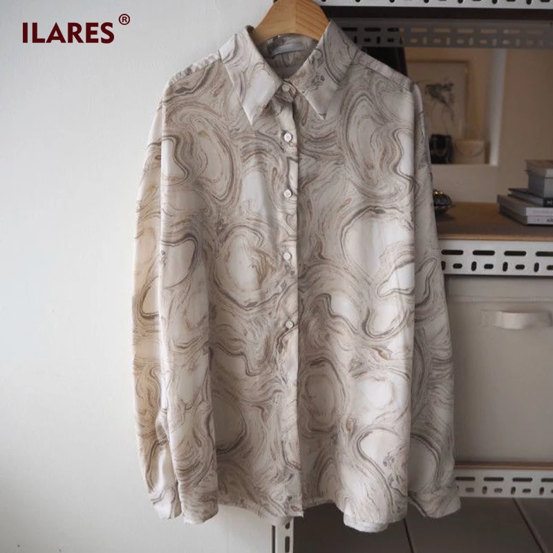  ILARES Blouse Women Womens tops and Blouses Plus size shirt vintage Loose chiffon Wild printing Lon