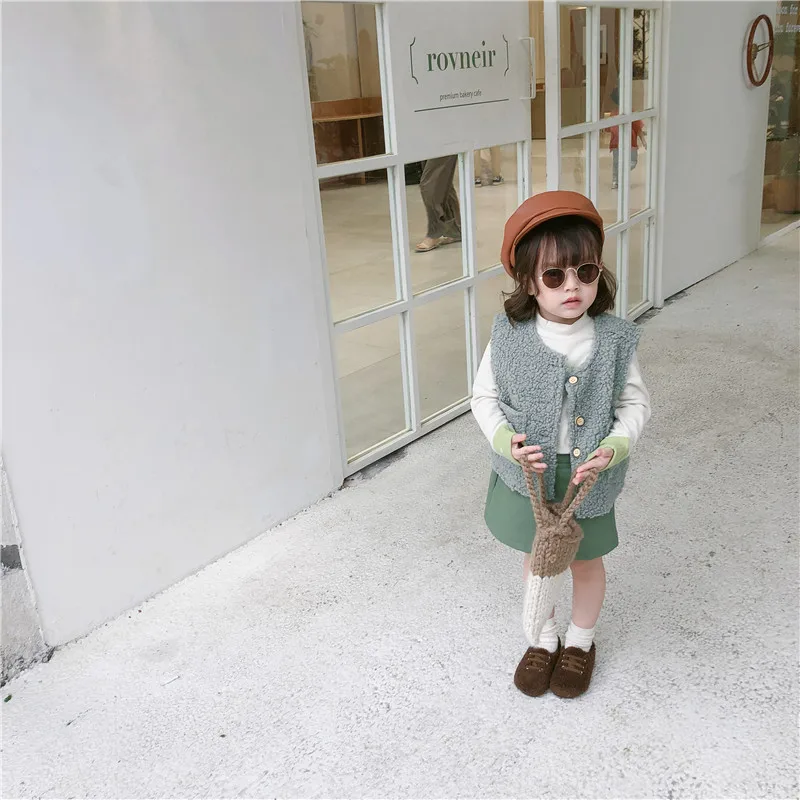 Г. Новое поступление, осенняя Повседневная однотонная меховая жилетка в Корейском стиле с карманами, модная Милая одежда для маленьких девочек
