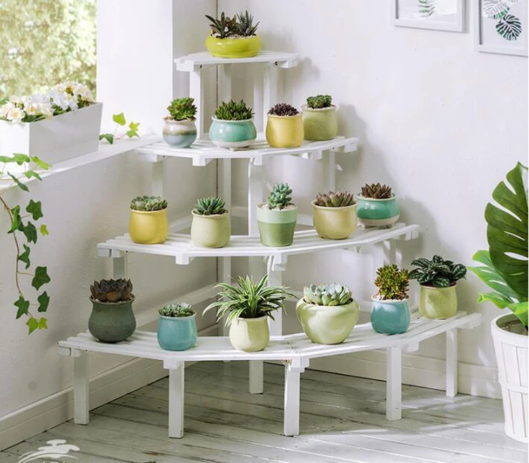 Solid Wood Corner Flower Stand Multi-layer Ladder Type Floor Plant Stand Balcony Flower Pot Shelf