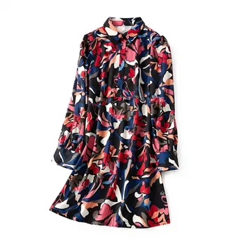 

2020 Spring Oil Painting Print Mini Dress Women's Long Sleeve Loose Turn-down Collar Dress with Buttons