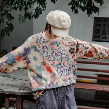 

Lazy Style Sweater For Women Hotsale 2020 Autumn Vinage Style Long Sleeve O Neck Pullover Imitation Mink Velvet Printed Sweater