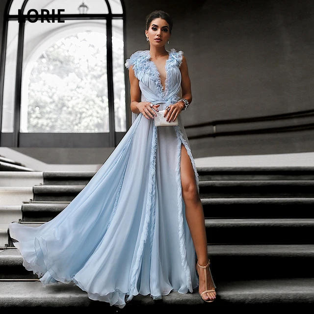 LORIE Sky Blue Evening Dresses Long 2021 Formal Party Gowns High Quality Organza Open Back Wedding Guest Dress Side Split sky blue