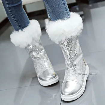 

women's winter high boots bootee woman 2019Fashion Sequins Leather Snow Boot Female Warm Plush Platform Winter Shoes botas mujer