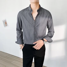 2021 novo coreano preto na moda camisa quatro estações de negócios casuais camisa de manga longa dos homens do teste padrão de oimgmen
