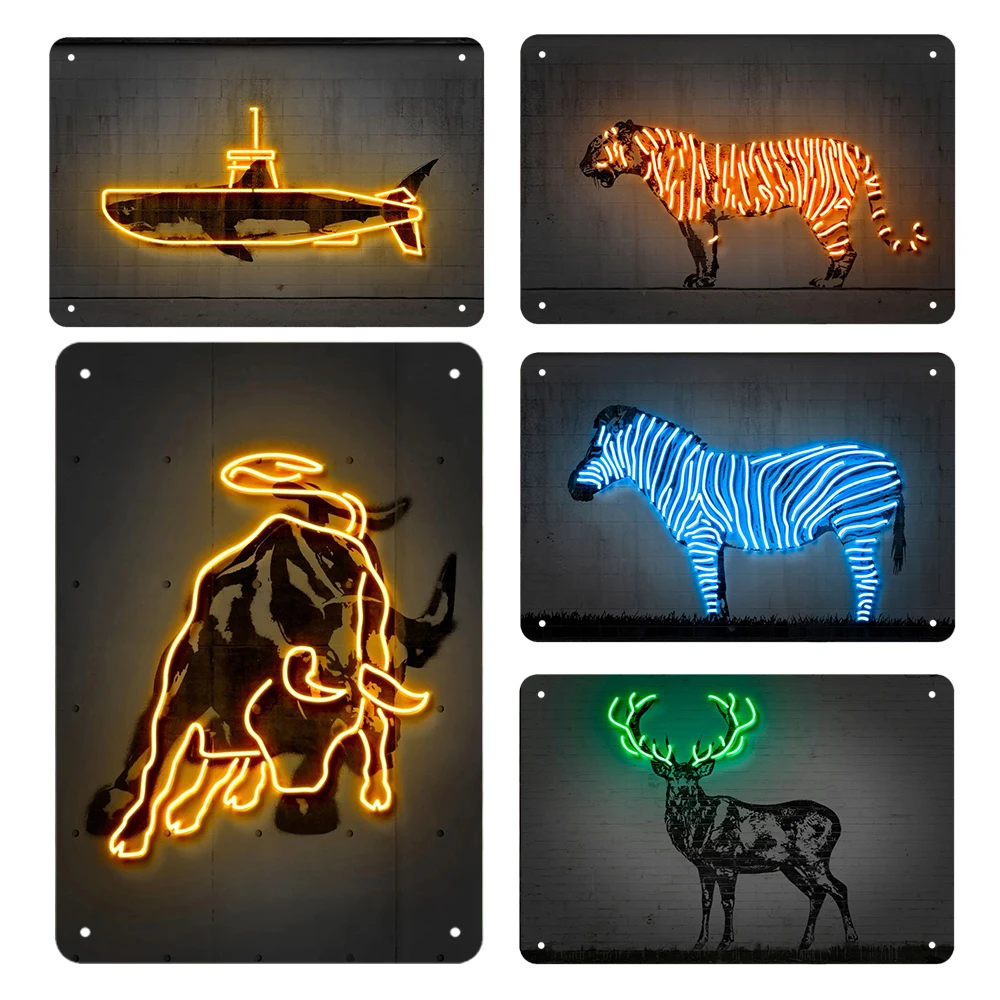 Неоновый металлический плакат с изображением тигра зебры оленя животных для