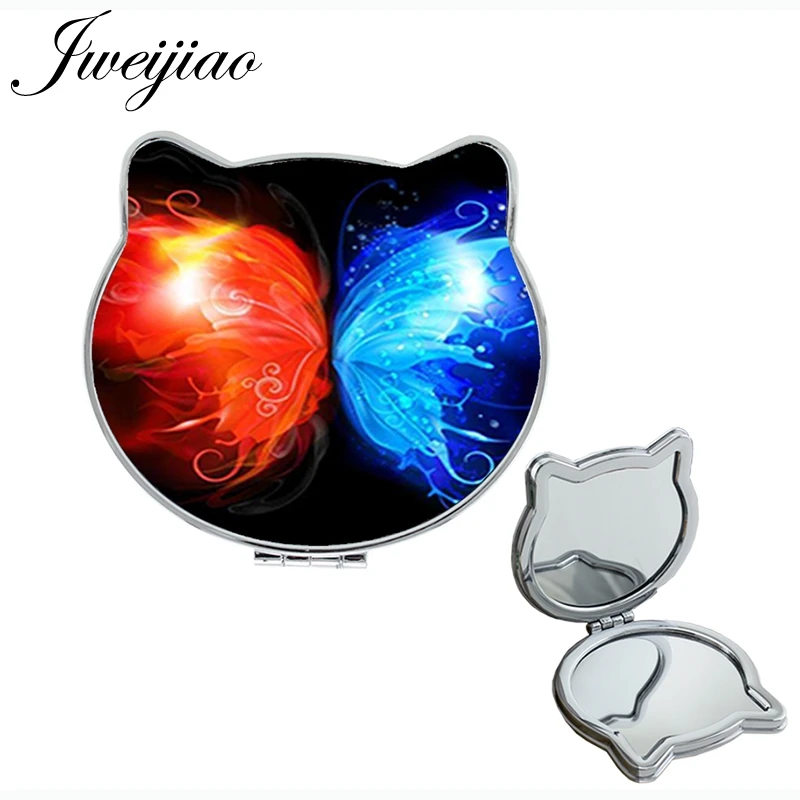 

JWEIJIAO Ice and fire Cat Ear Shaped Makeup Magnifier mirrors natural insect Mini Butterfly Compact PU photos mirror FQ291