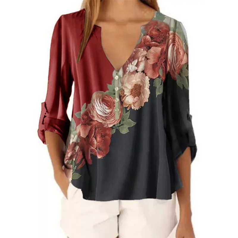 

Printed Women's Blouse 2020 Summer Autumn Fashion V-neck Long Sleeves Casual Style Chiffon Material Comfortable Loosen Plus Size