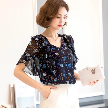 

COIGARSAM Ruffles blouse women New Summer Print Short Sleeve Chiffon blusas womens tops and blouses Blue Yellow 9325