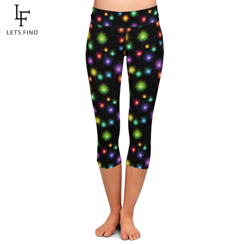 

LETSFIND 2020 New Colorful Fireworks Pattern Print Leggings Fashion High Waist Fitness Mid-Calf Stretch Leggings