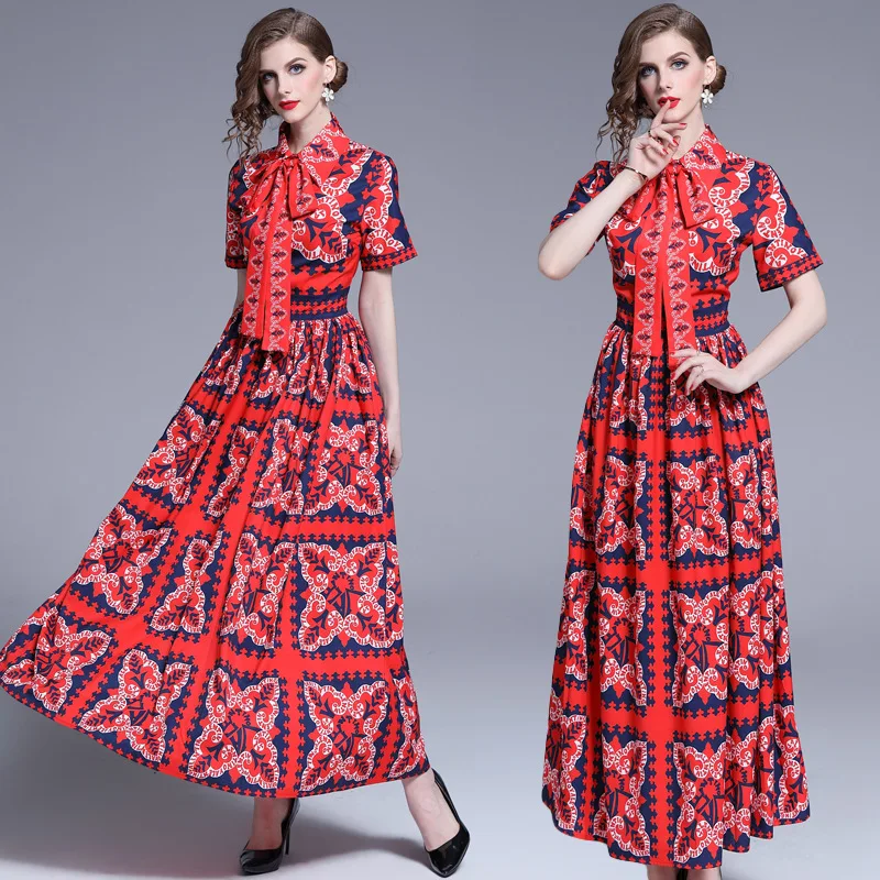 

2019 Summer Europe And America Versitile Fashion Slim Fit Slimming Short Sleeve Positioning Printed Bow Dress