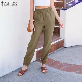 

2020 ZANZEA Women Casual Pencil Pants Office Ladies Work Trousers Loose Pockets Pantalones Mujer Elastic Waist Streetwear 5XL