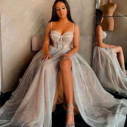 Sexy High Side Slit Spaghetti Strap Evening Dresses Sweetheart Tulle Prom Gowns With Sashes Party Formal Custom Robe De Soiree