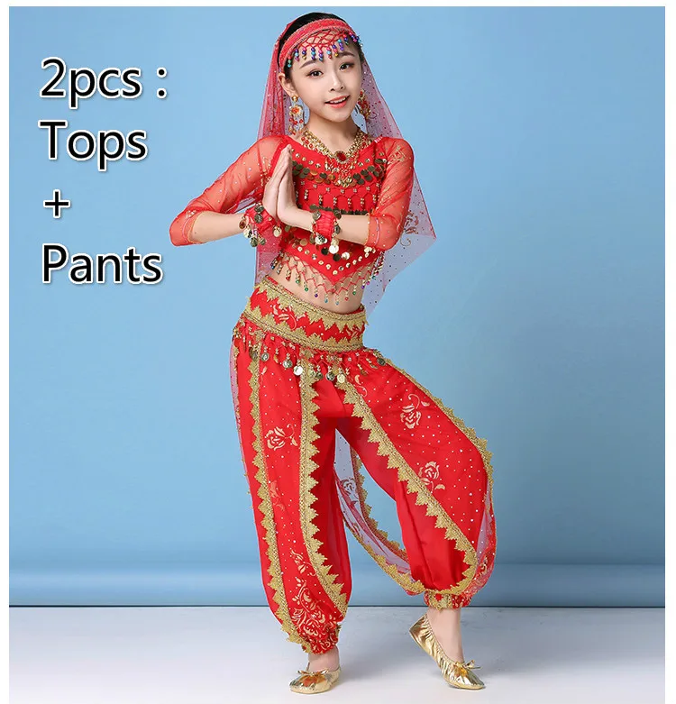 2pcs red Костюм для танца живота, комплекты для девочек, детское платье для индийского танца, детская танцевальная одежда Для Болливуда, одежда для восточных танцев - Цвет: 2pcs red