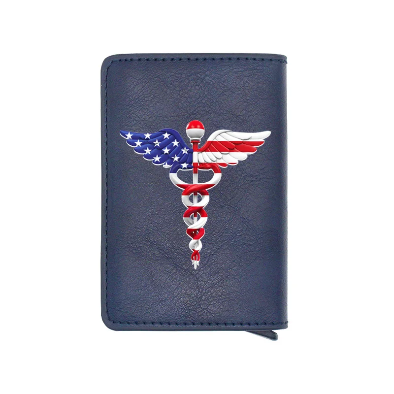 

Fashion Caduceus with United States Flag Digital Printing Leather Card Holder Wallet RFID Blocking Men Women Short Purse