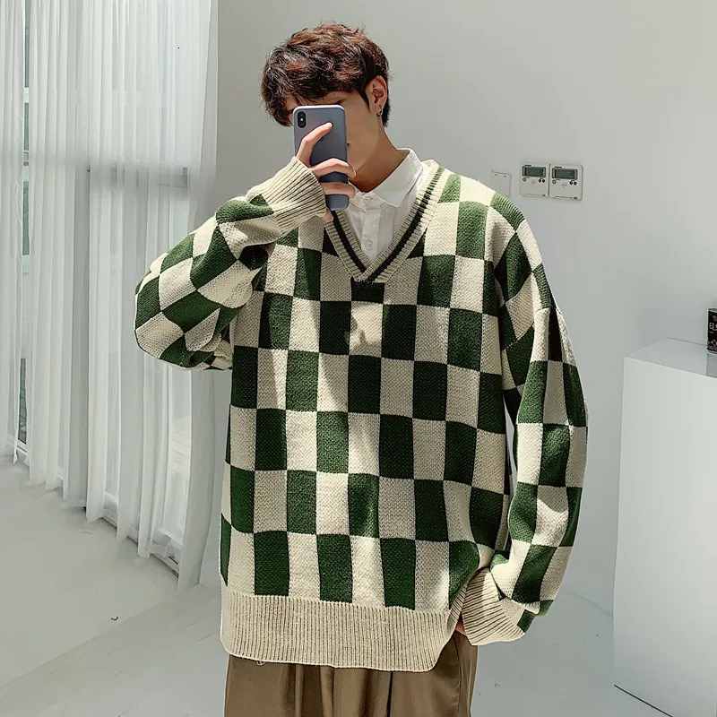 Autumn Plaid Sweater Men Warm Fashion Contrast Casual V-neck Knit Sweter Clothes Man Streetwear Wild Long Sleeve Pullover Men