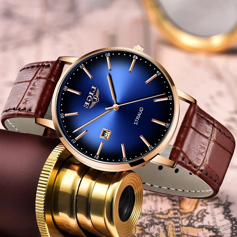 

LIGE Mens Watches Top Brand Luxury Gold Quartz Watch Men Sport Waterproof Watch For Man Leather Slim Green Dial Date Clock+Box