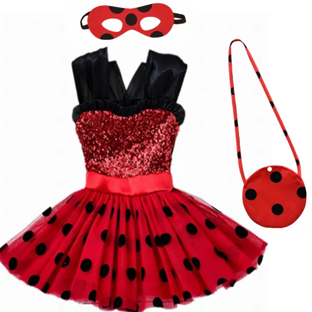Carnival 2020 Red bug cosplay Girls Dress Summer Clothes Redbug Party Dress Children's day Lace Dot Baby Girls Dresses 3pcs-Set