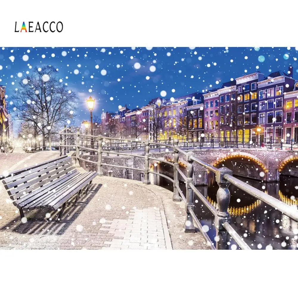 

Laeacco Winter City Bridge Street lamp Bench Night Scenic Polka Dots Tree Baby Photodrop Photography Background For Photo Studio
