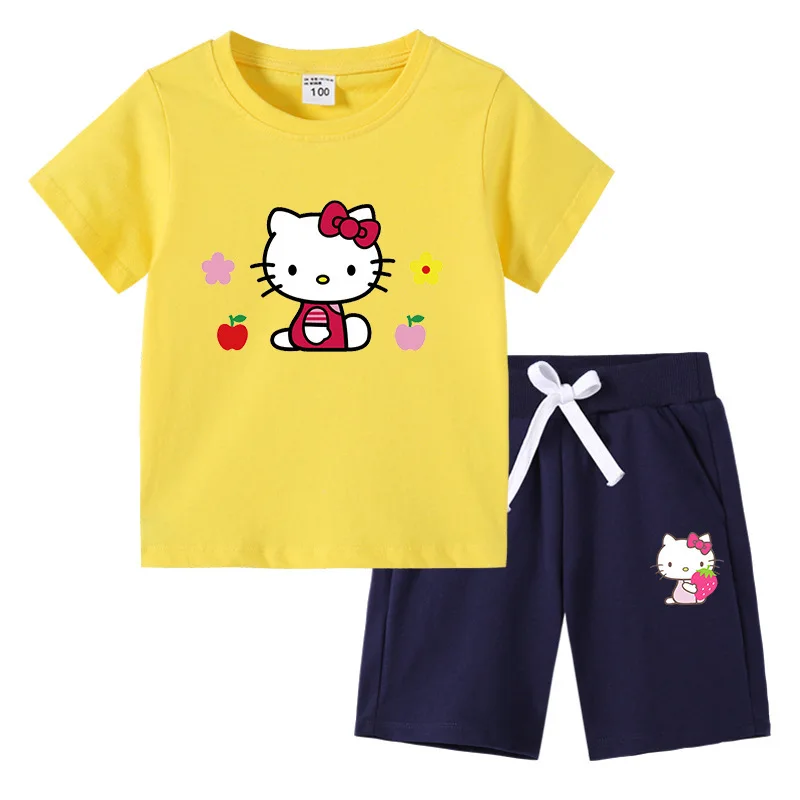 thumbnail image 1 of Hello Kitty-Camiseta de algodón con estampado de dibujos animados para niños y niñas, traje de dos piezas con pantalones de manga corta, verano, 1 of 5
