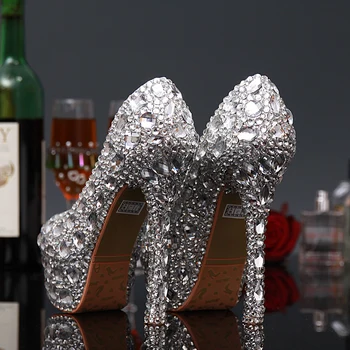 

Luxury Silver Crystals Rhinestones Bridal wedding shoes High Heel Diamond Lady Shoes Wedding Popular Party Prom Shoes