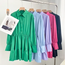 

European and American fashion all-match polo collar single-breasted puff sleeves ruffled long-sleeved shirt dress women