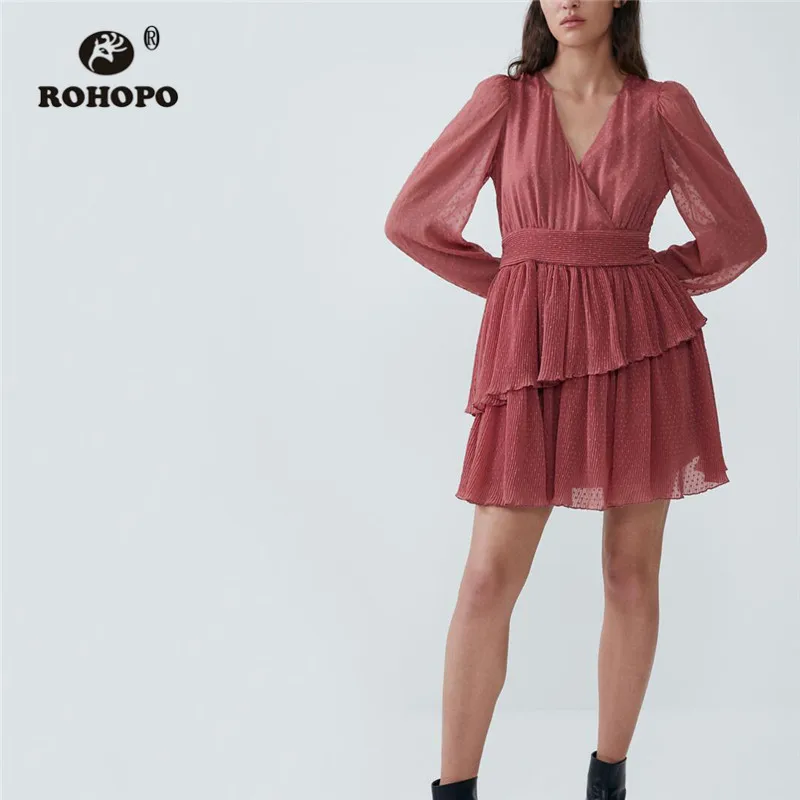 

ROHOPO Long Sleeve Double Layer Polk Dot Deep Pink Cake Dress Waistband Ruffled Chiffon Chic Wrap Collar Tunie Vestido #9364