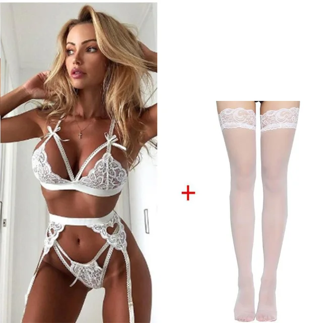 3pcs/set women intimates sexo sheer lace bra+ garter belt+Gstring thong sexy lingerie erotic hot lounge underwear set Bra & Brief Sets