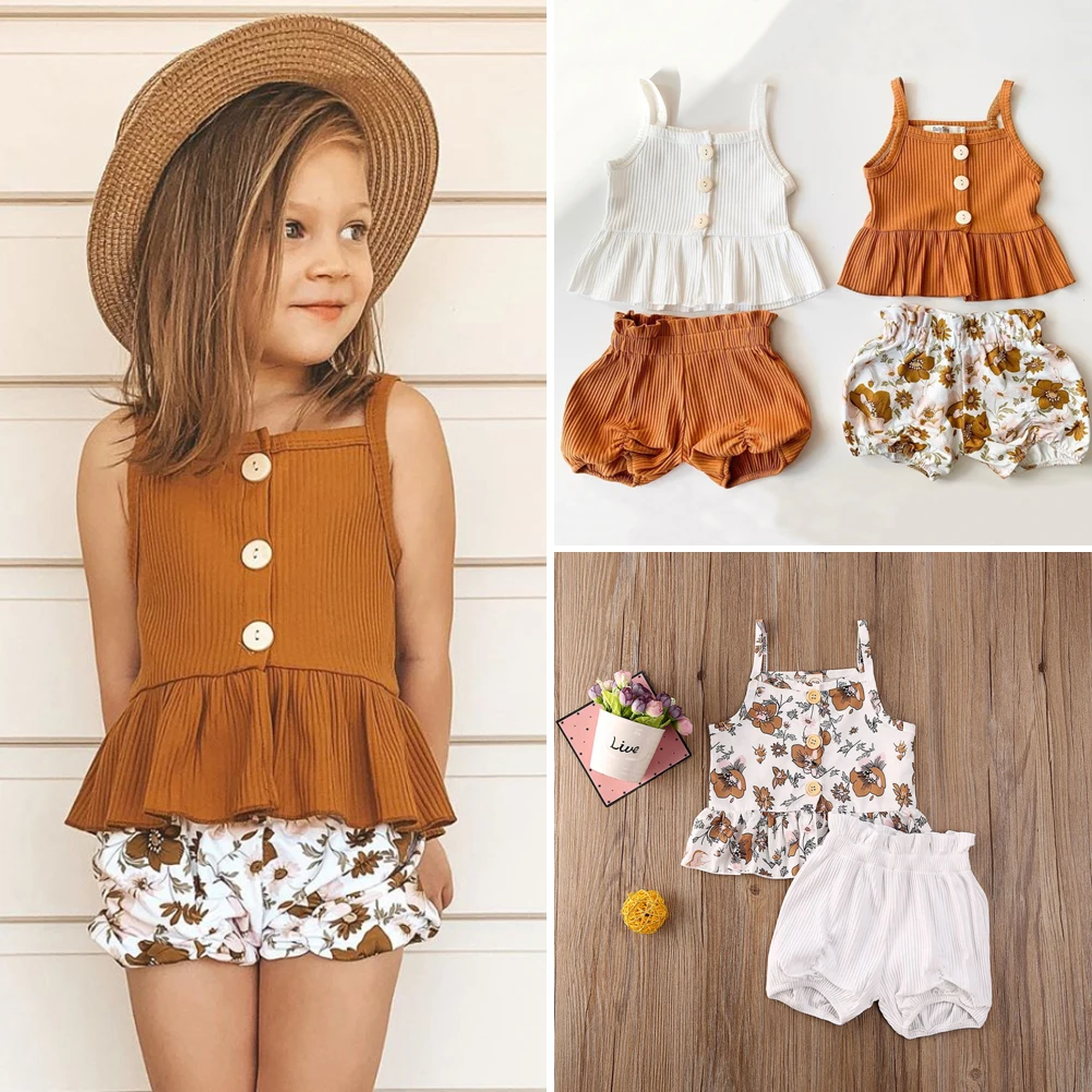 Toddler Baby Girls Summer Clothes Outfits 1-6 Years Old Kids Letter Print Sleeveless Top Flower Short Set